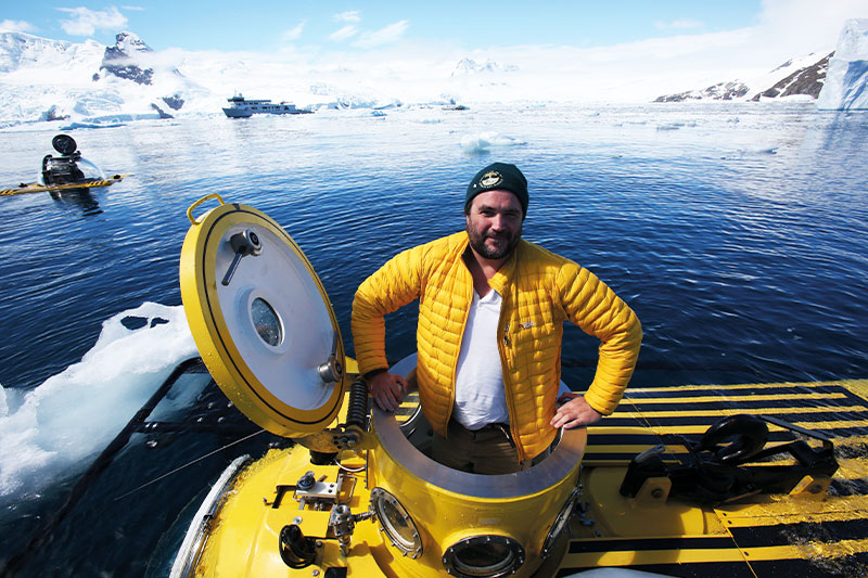 Polar Explorer Henry Cookson prepares for a submersible dive in Antarctica