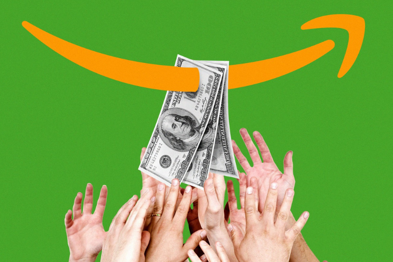 hands grasping at money with the amazon logo passing through