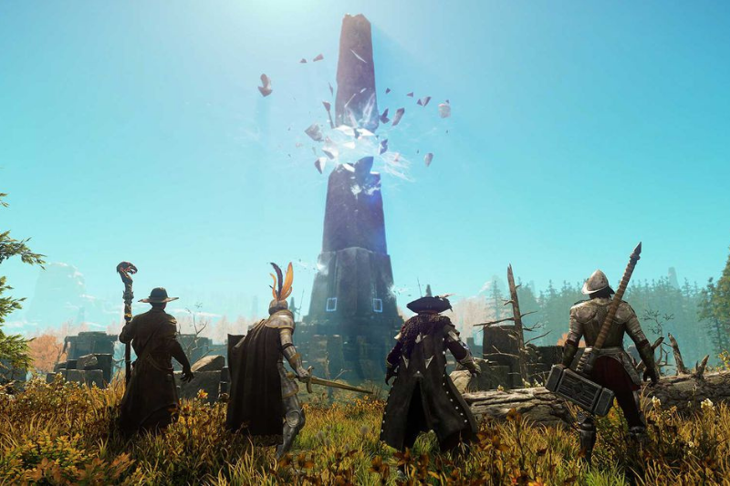 promotional image of amazon studios' New World four characters standing in grassland with a tower in the distance