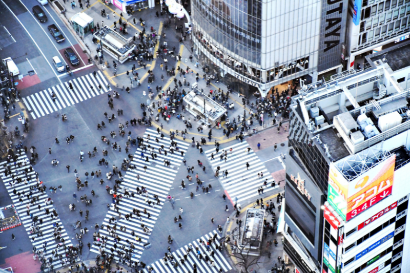 overhead view of shibuya crossing