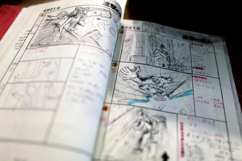 storyboard drawing of anime series attack on titan